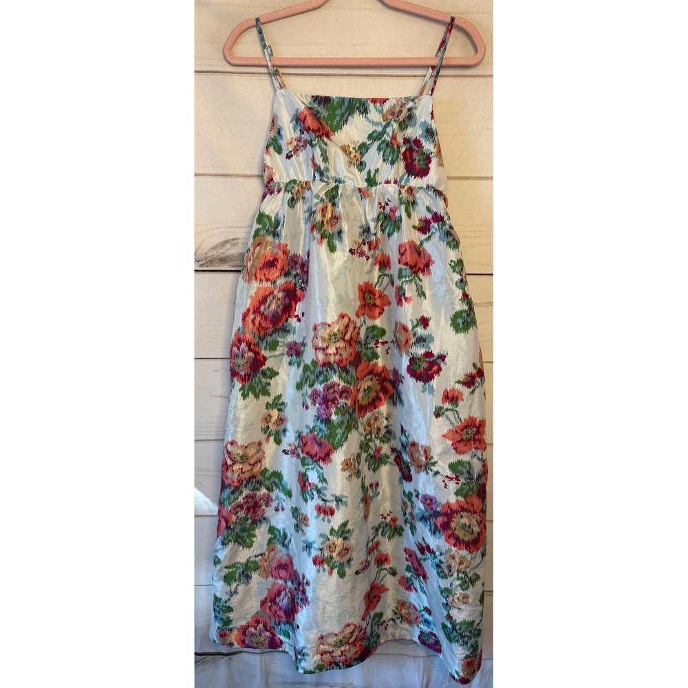 BHLDN Floral Ikat Satin Midi Dress Light Blue Red Orange Green Size M NWT